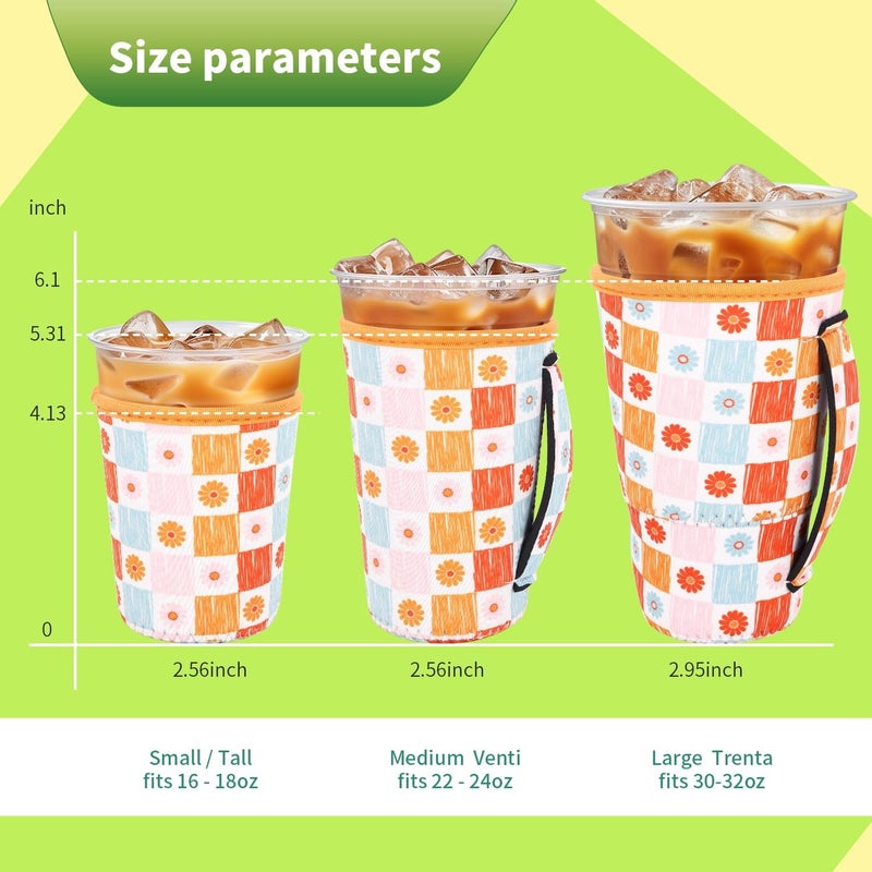 Snowso 3 Pack Iced Coffee sleeve Insulated Neoprene Cup Sleeves with handle For Cold Drinks Beverages, Reusable Cup Holder for 16oz-32oz Coffee Cups (Groovy Flowers) - Image 2
